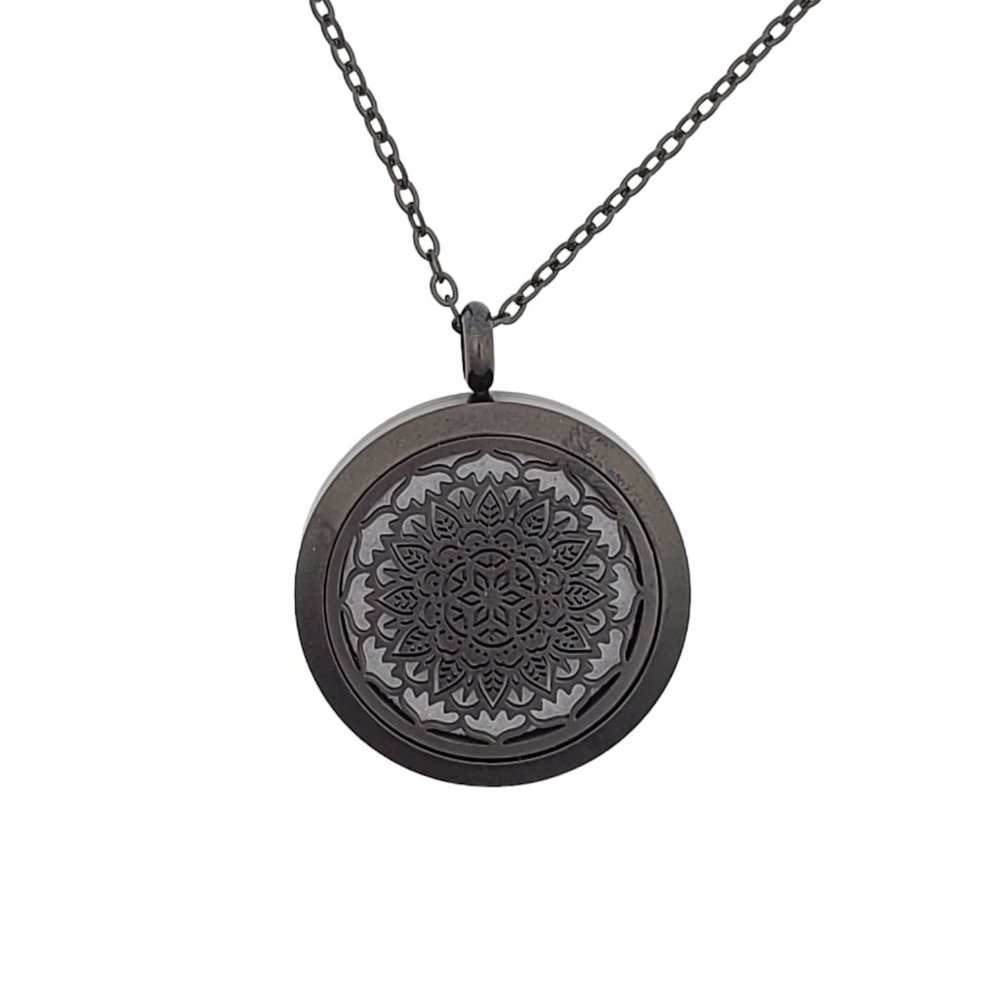 Black Mandala Stainless Steel Essential Oil Necklace Hypoallergenic NEW